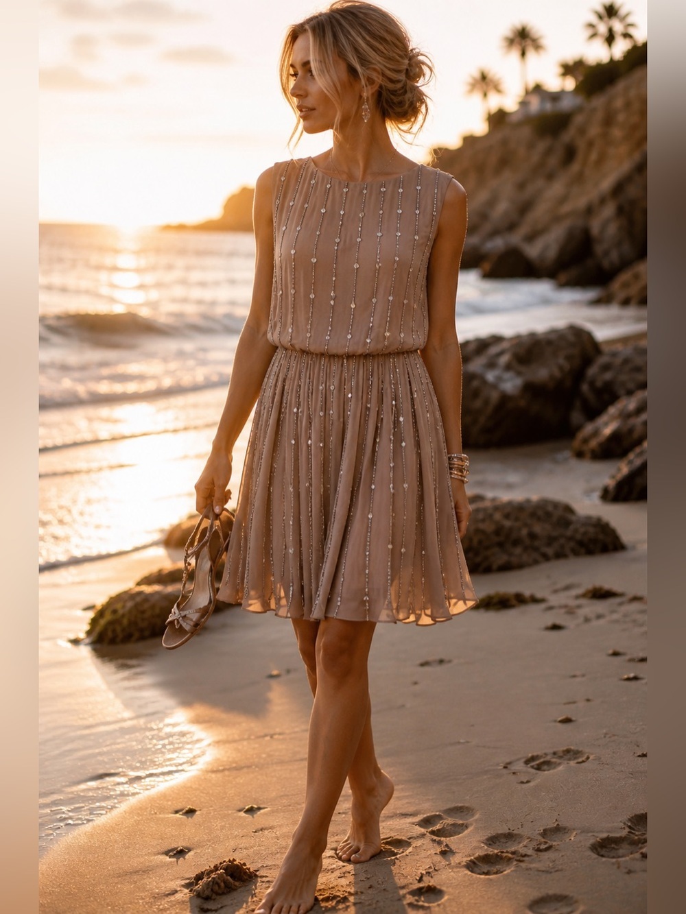 Champagne Taupe Rhinestone Beaded Goddess Dress Open Back Pleated Formal